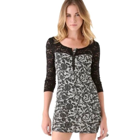 Free People Love You to Pieces Black Gray Floral Mini Bodycon Dress Sz M Casual - Picture 1 of 10